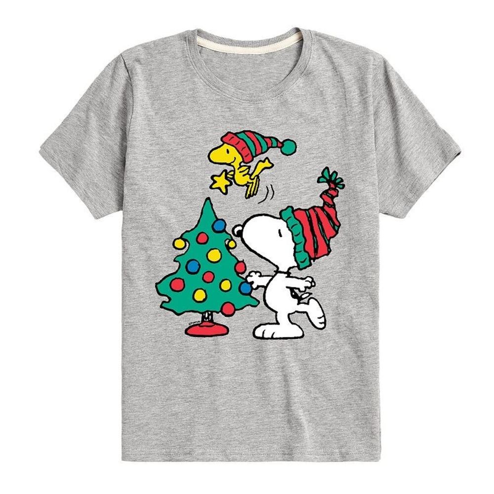 Peanuts & Woostock Christmas Tree Tee Kids Short Sleeve Snoopy T-Shirt Size XL